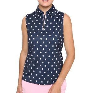 Belyn Key Navy Sleeveless Polo with White Floral Dot Print